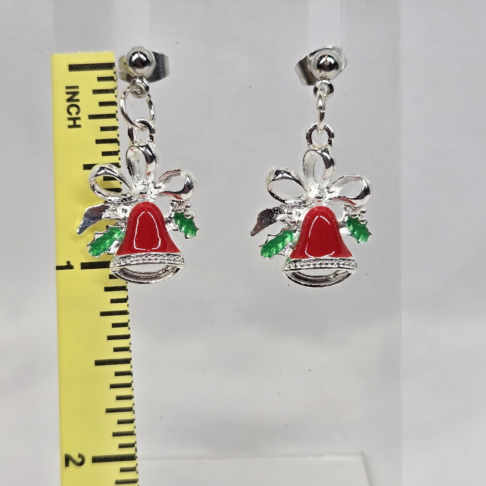 Festive Silver and Red Bell Earrings